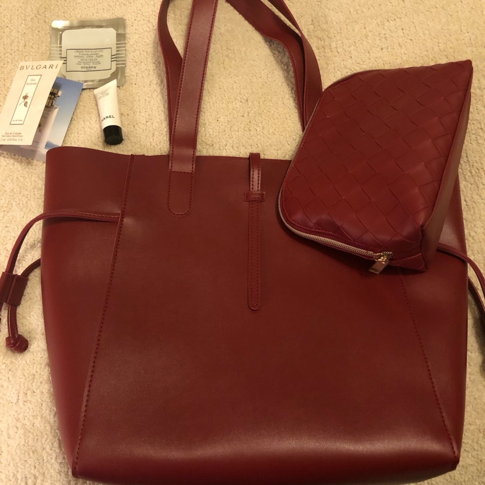 Neiman Marcus Burgundy Vegan Leather Tote Bag & Beauty Bag